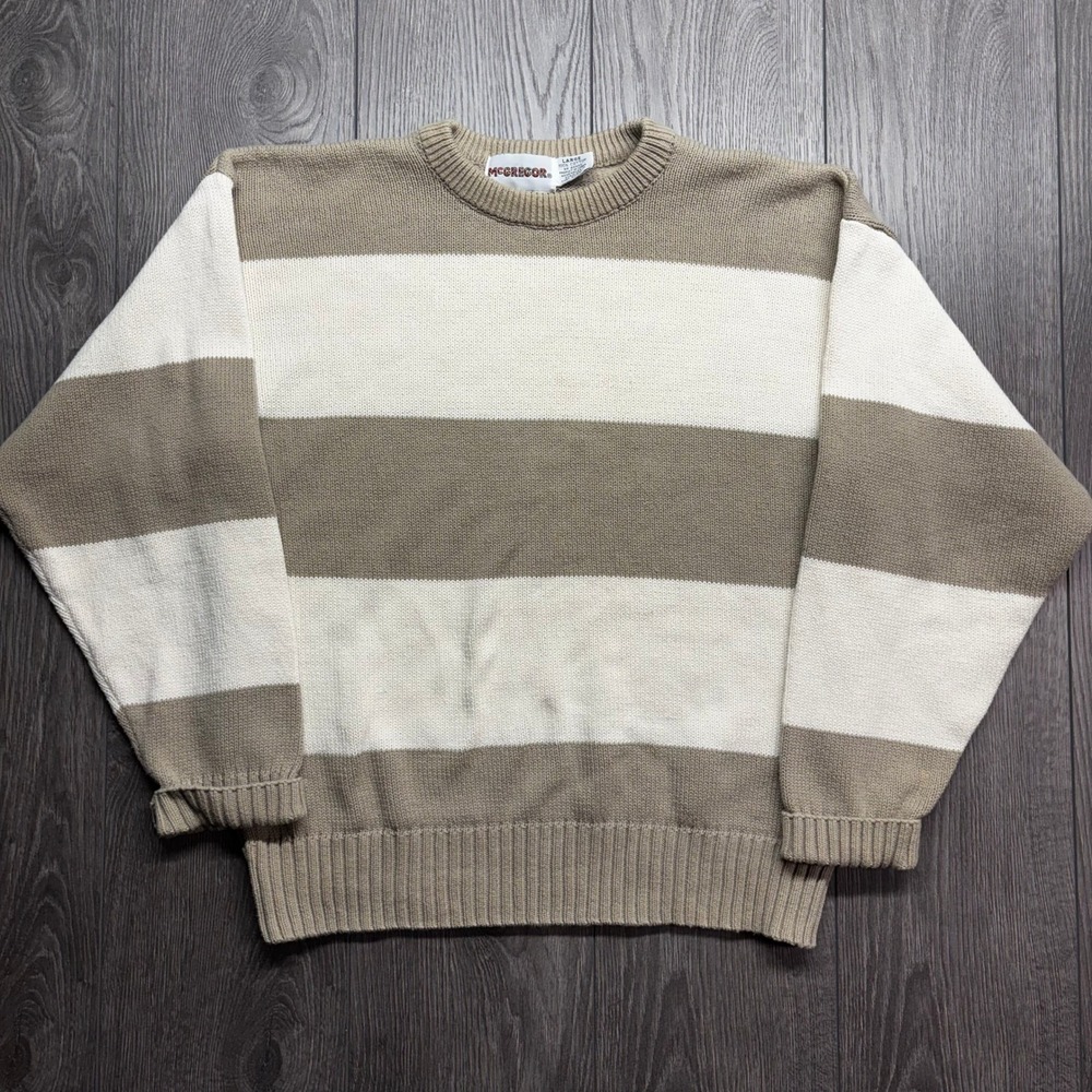 Vintage McGregor Mens Large Striped Crewneck Sweater Tan Cream Cotton Knit